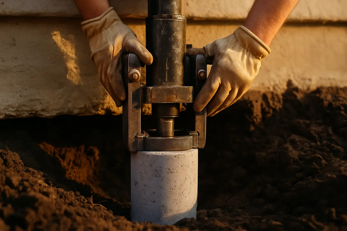 Hydraulic pier rig pressing a concrete piling beside a San Antonio slab foundation