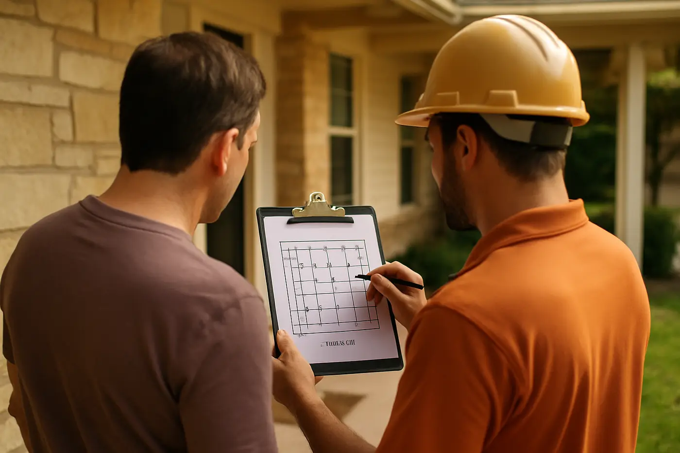 Homeowner reviewing a pier plan drawing with a foundation crew lead at a front porch
