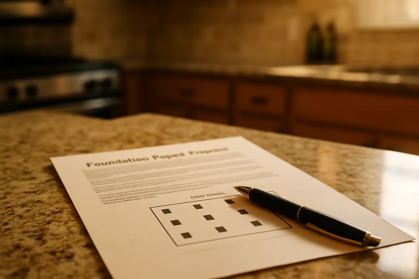 Written foundation repair proposal with a drawn pier plan on a kitchen counter