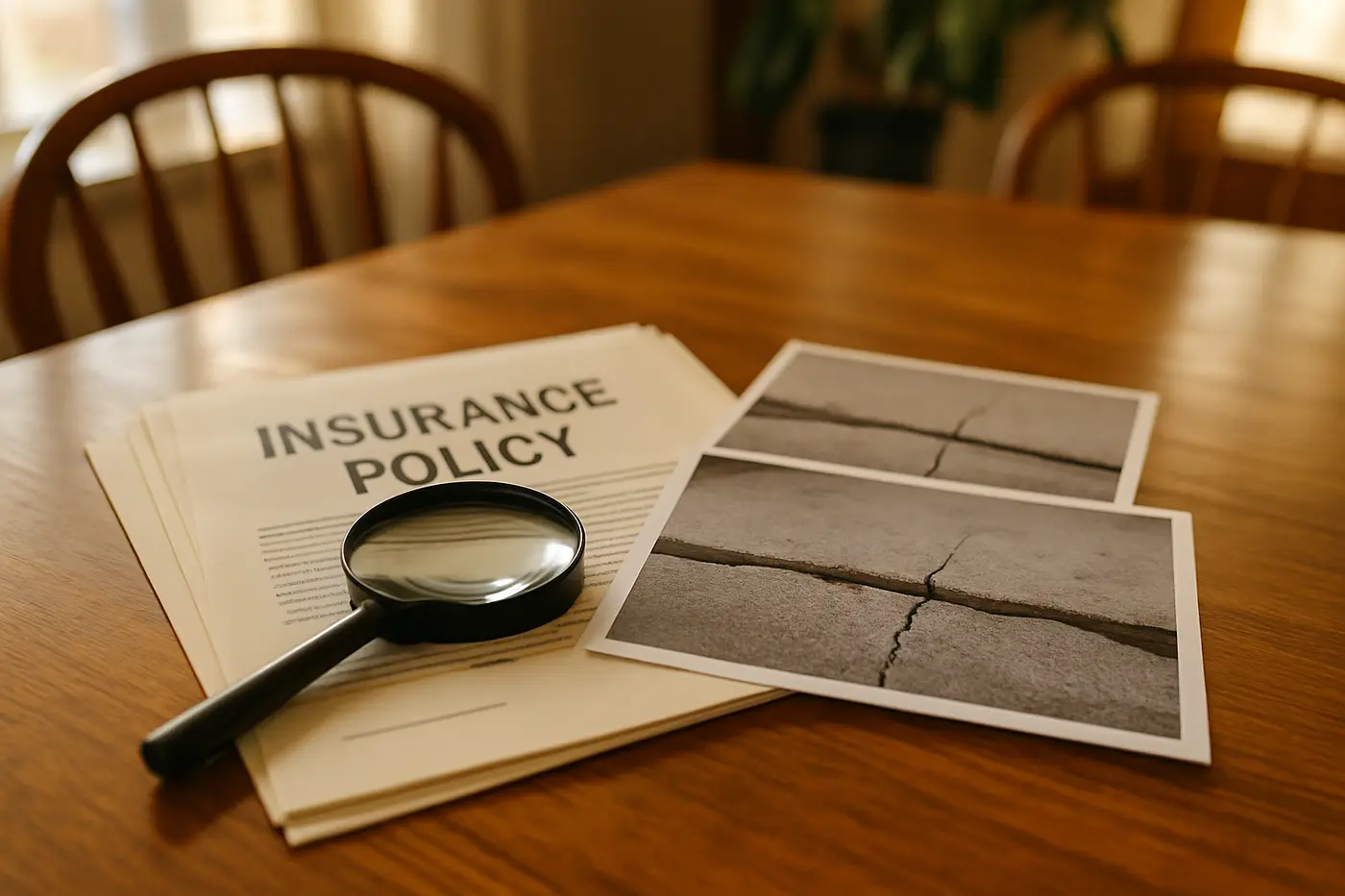 Homeowners insurance declarations page beside photos of a cracked slab
