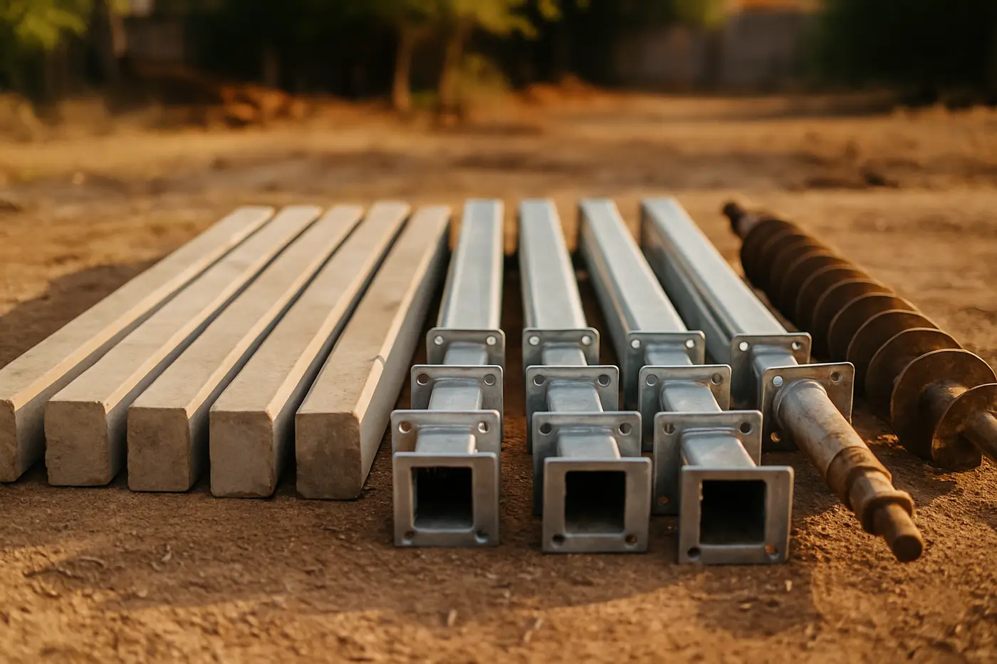 Precast concrete cylinders, steel pier sections and a drilling auger side by side on a job site