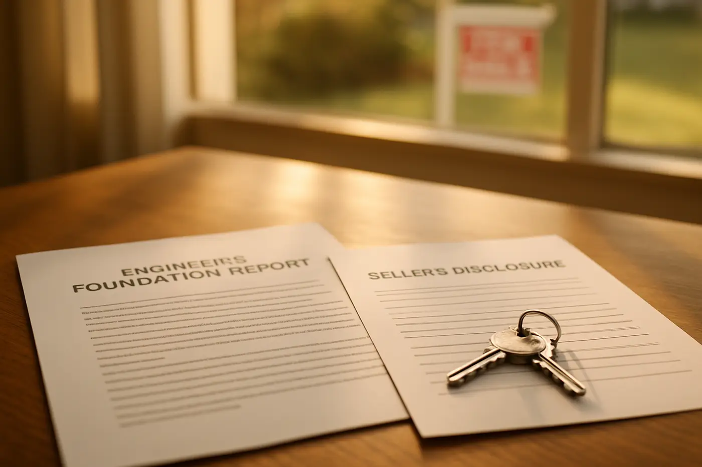 Engineer's foundation report and seller's disclosure on a table with house keys