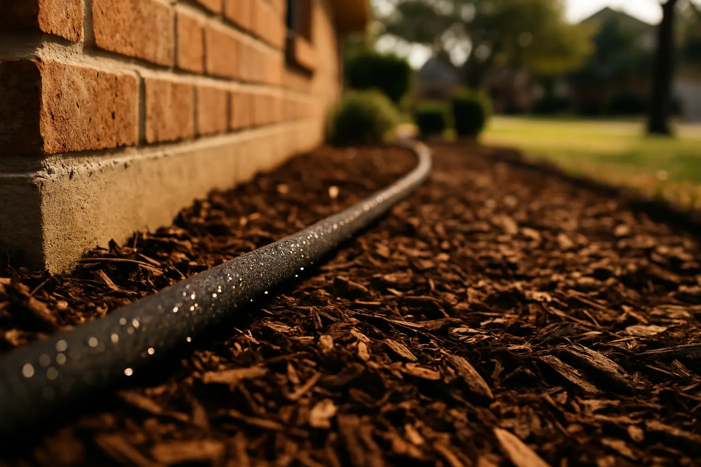 Soaker hose laid in a mulched bed along a brick foundation in San Antonio