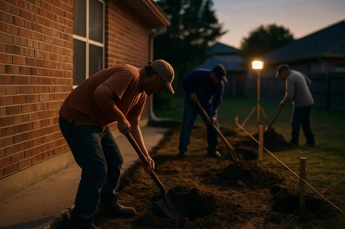Foundation crew excavating pier holes along the edge of a San Antonio slab at dusk