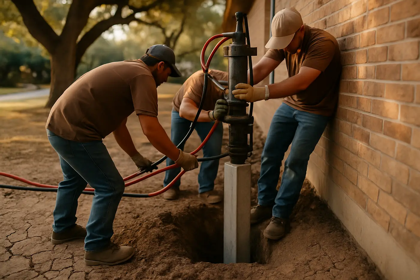 Foundation crew pressing concrete pilings under a brick home in San Antonio