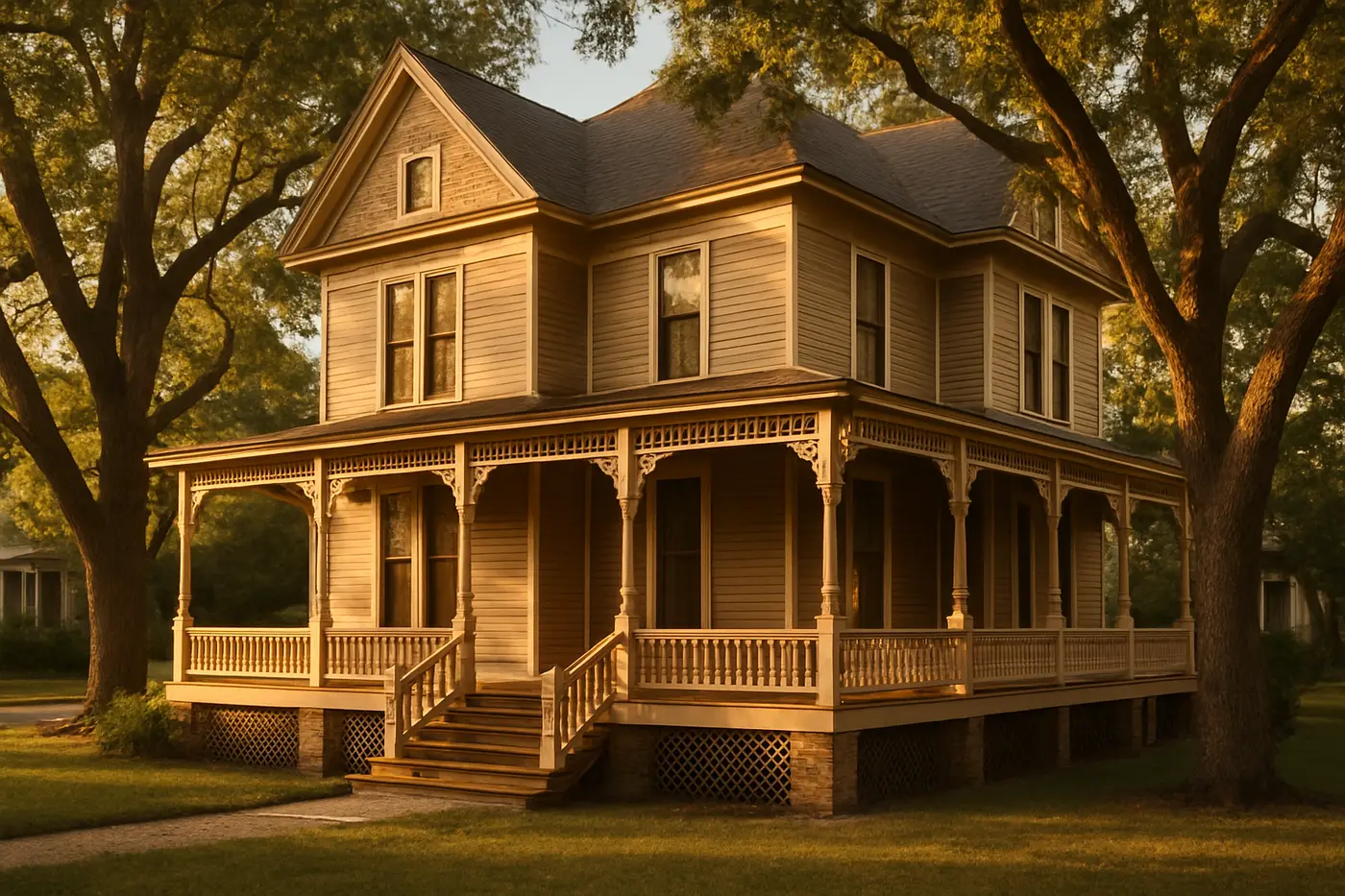 Victorian pier and beam home in the King William historic district of San Antonio under pecan trees