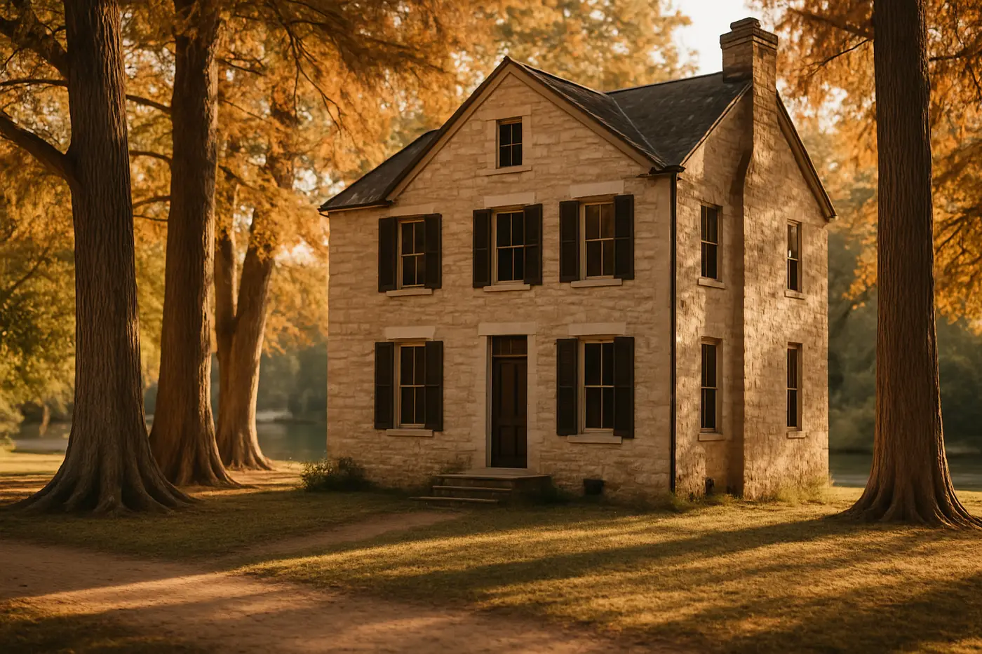 Historic German home near the Comal River in New Braunfels with cypress trees