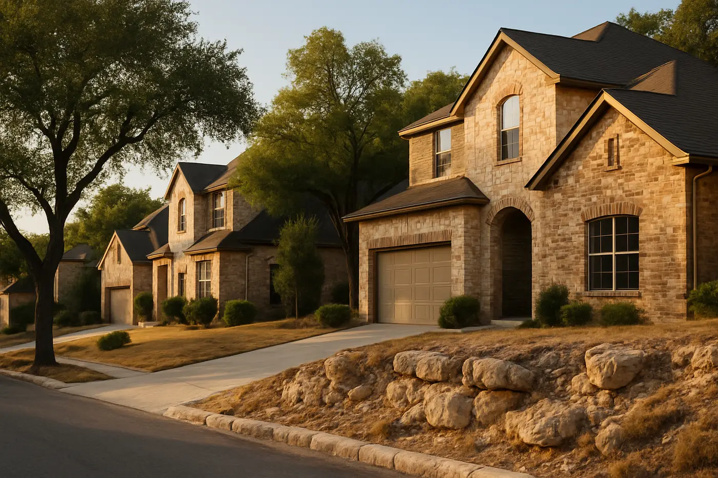 Stone and brick homes on a limestone hillside in Stone Oak, north San Antonio