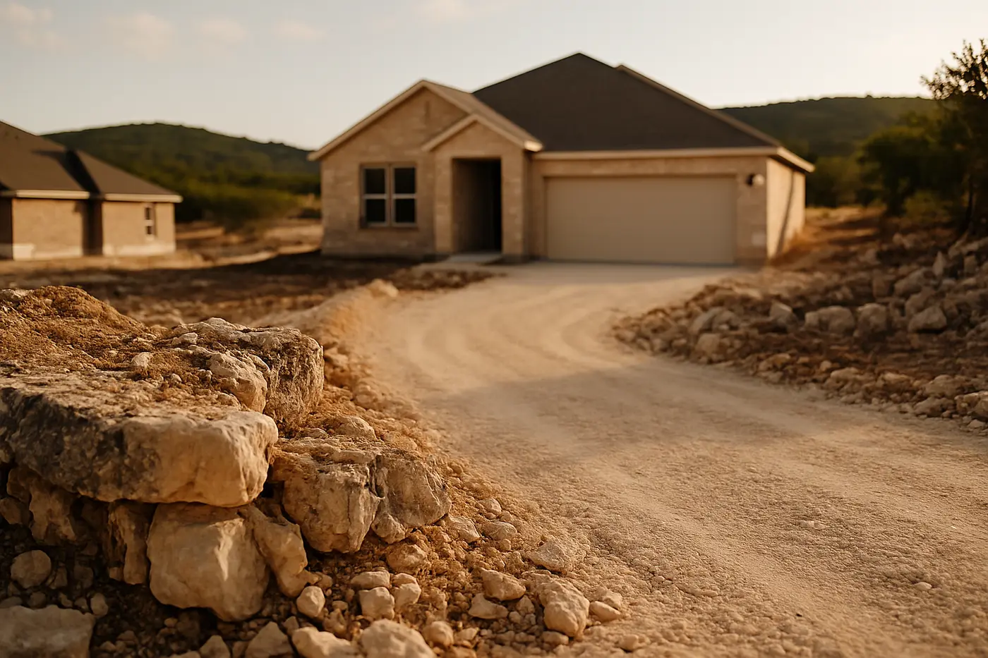 New subdivision on a limestone Hill Country lot near Helotes with cut-and-fill grading