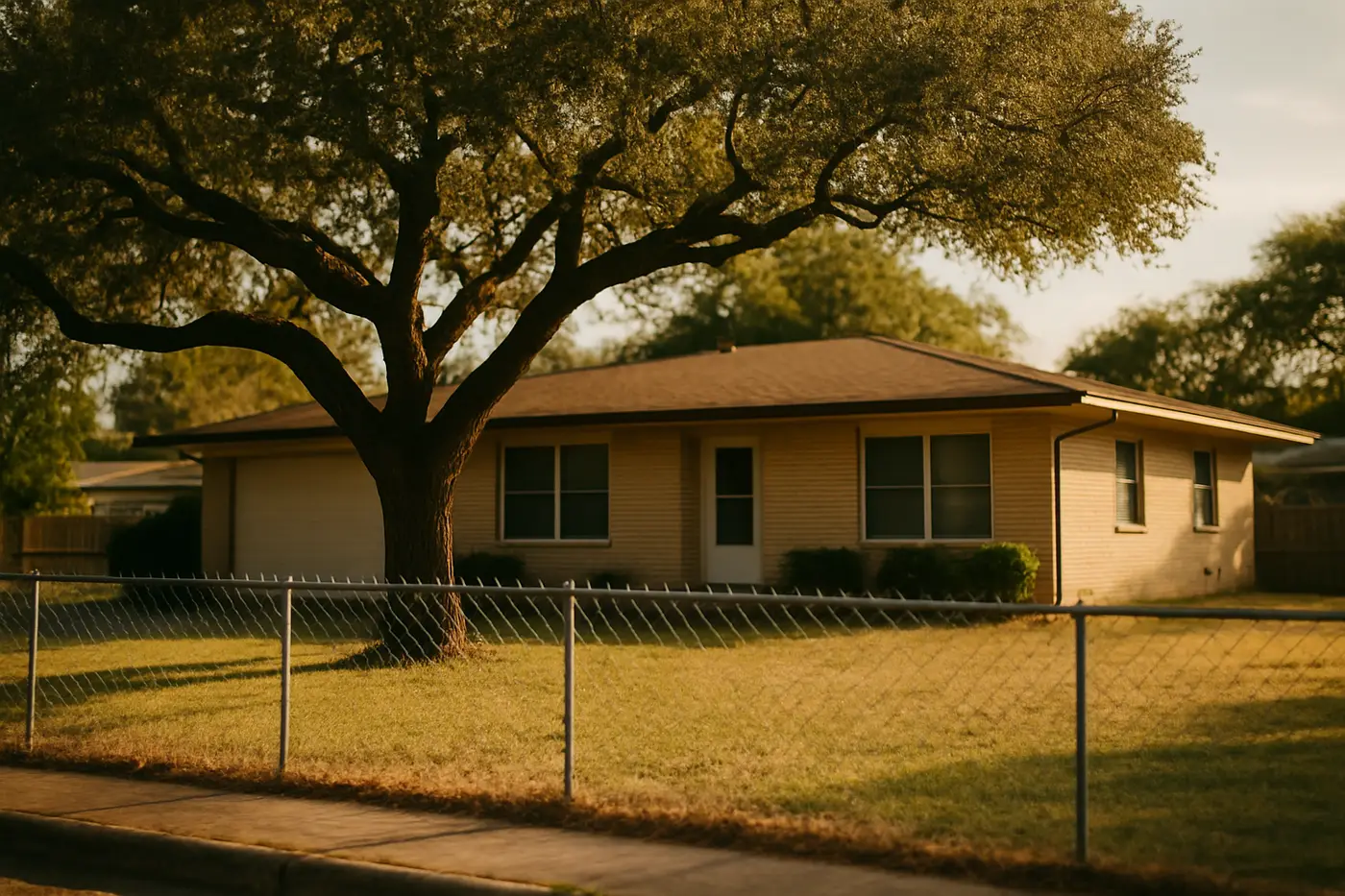 Mid-century ranch home with a live oak on the south side of San Antonio