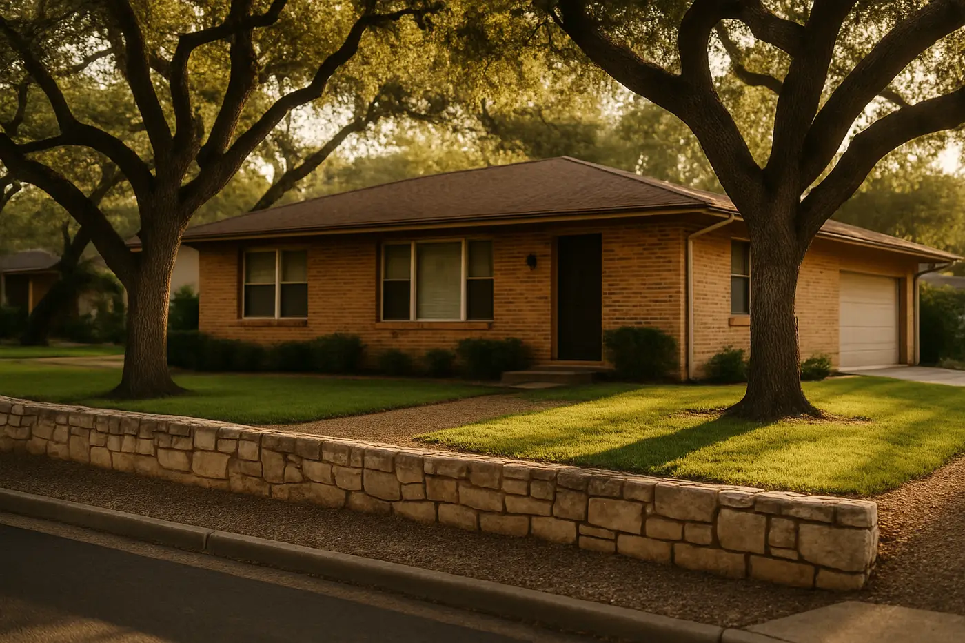 One-story brick home on a San Antonio street with live oaks and a limestone retaining wall