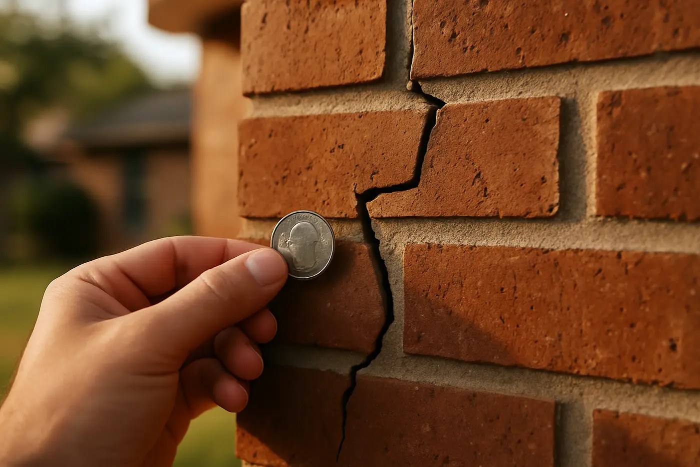 Stair-step crack in brick veneer at the corner of a San Antonio home with a coin for scale