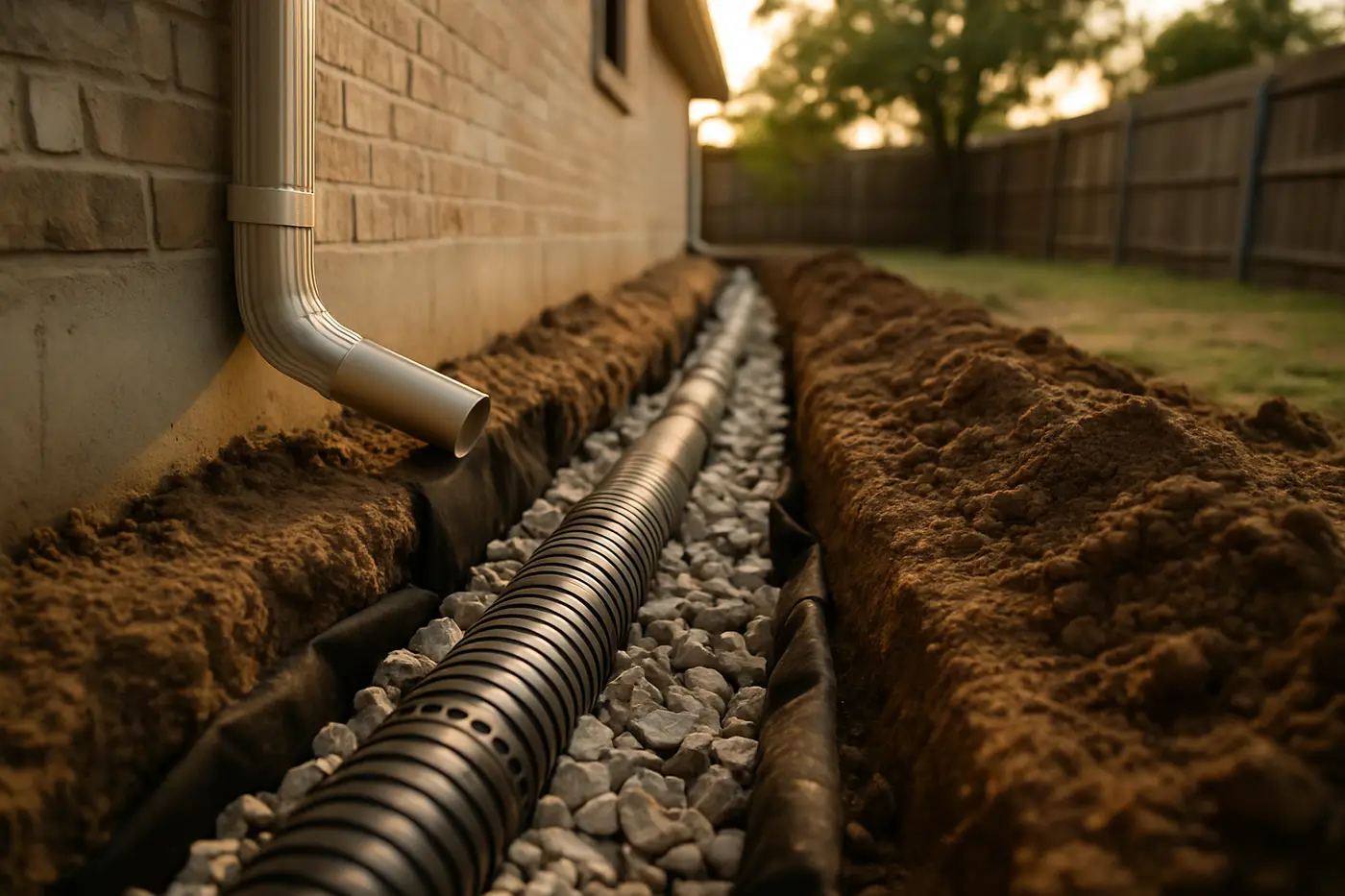 French drain trench with gravel and perforated pipe along a San Antonio foundation