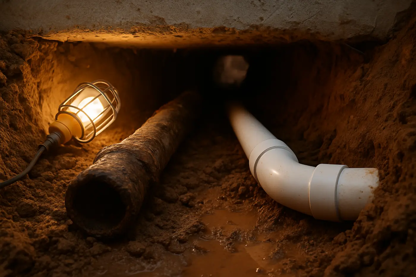 Tunnel excavated under a San Antonio slab exposing a corroded cast iron drain line