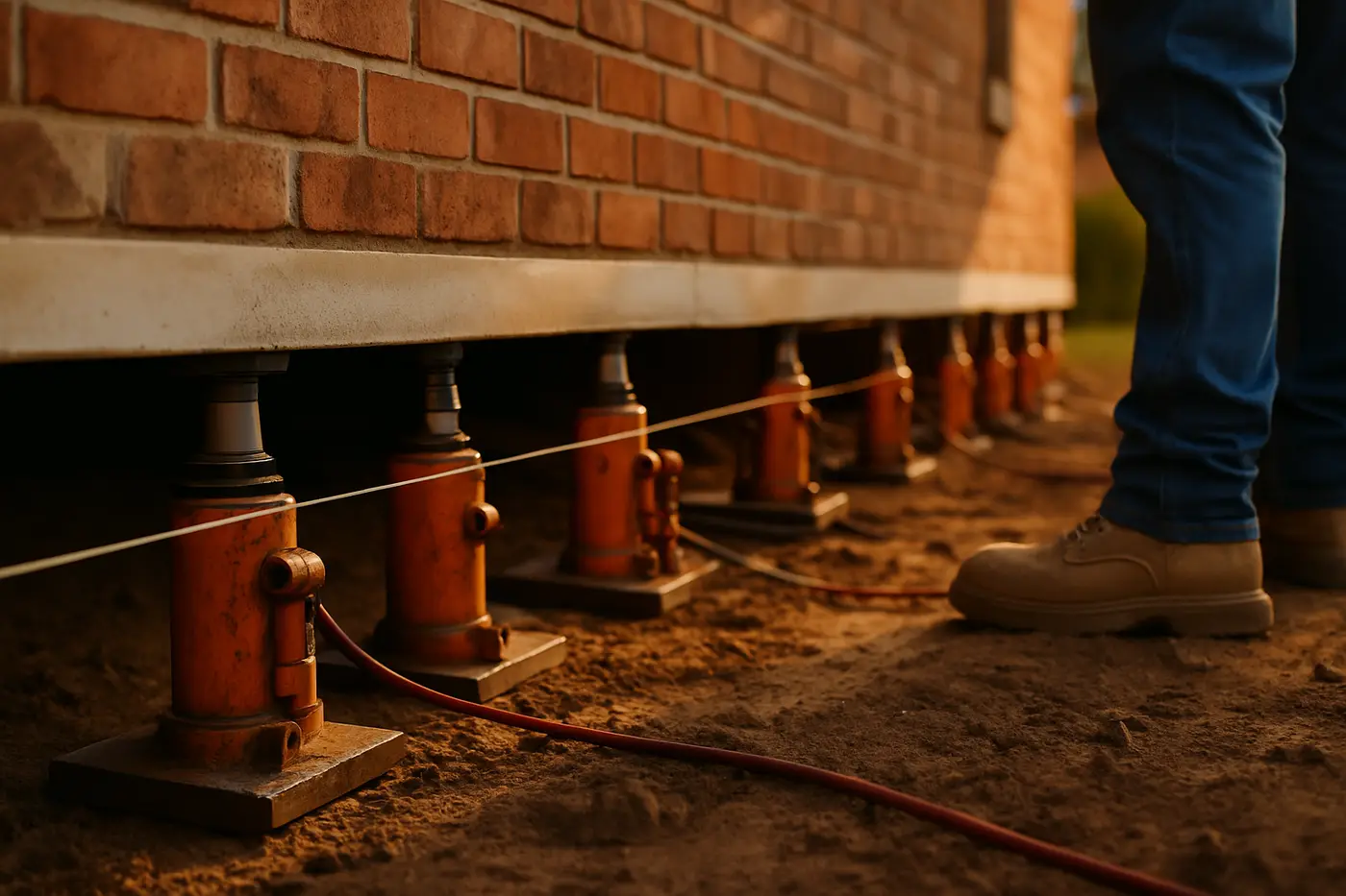 Hydraulic jacks lifting the corner of a brick home in San Antonio during foundation leveling