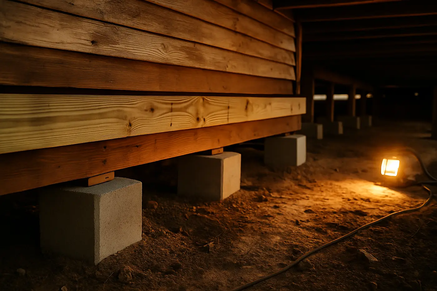 Crawl space under a historic San Antonio home with new concrete piers and a replaced sill beam