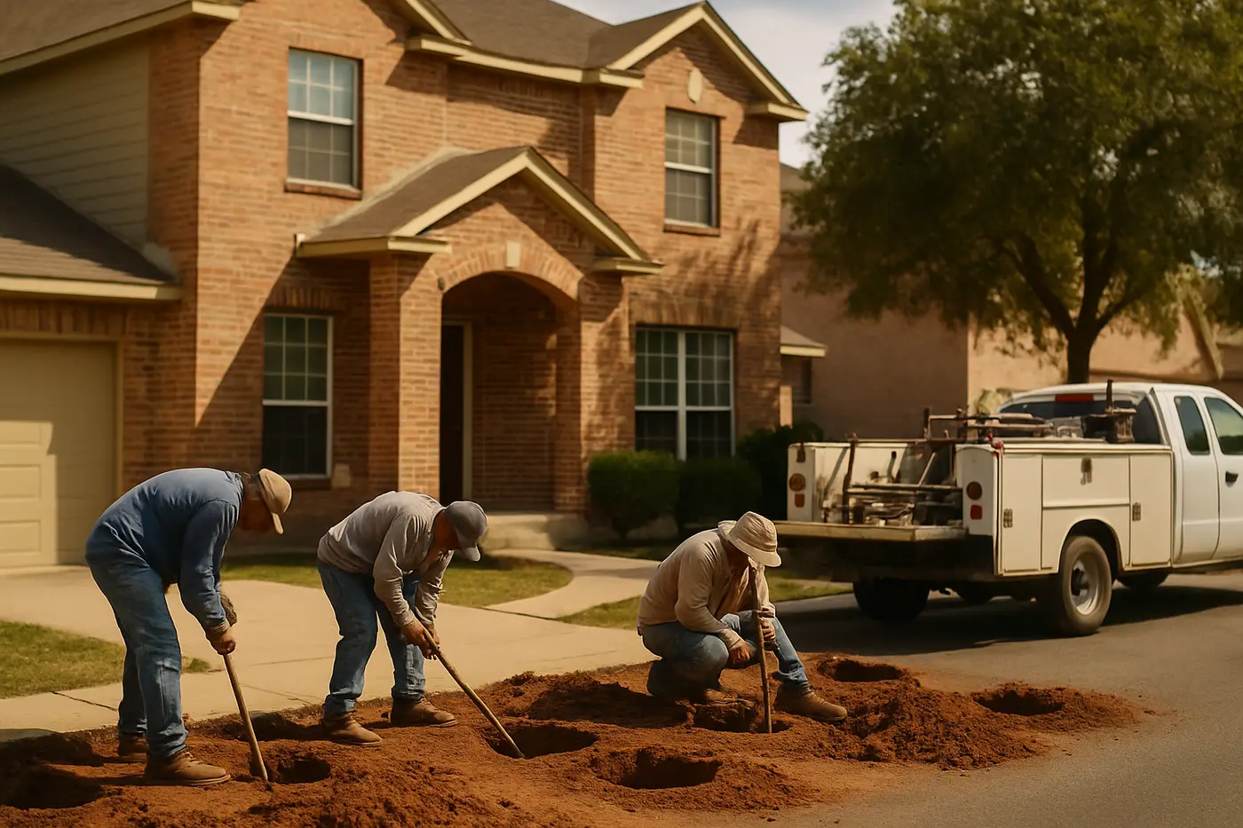 Brick ranch home in San Antonio with a foundation crew working along the front edge
