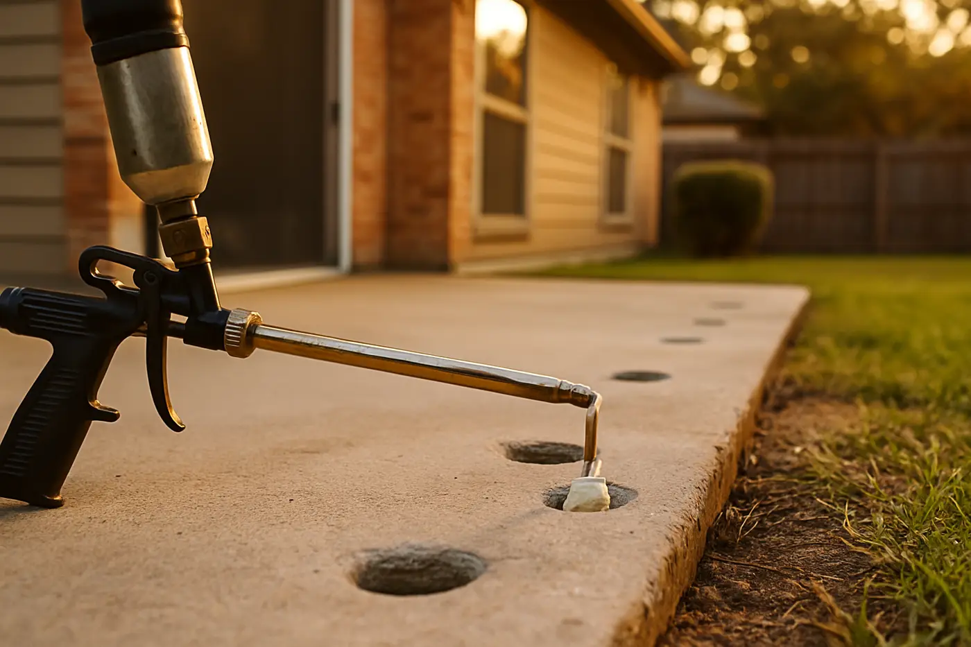 Polyurethane foam being injected through a sunken patio slab in San Antonio