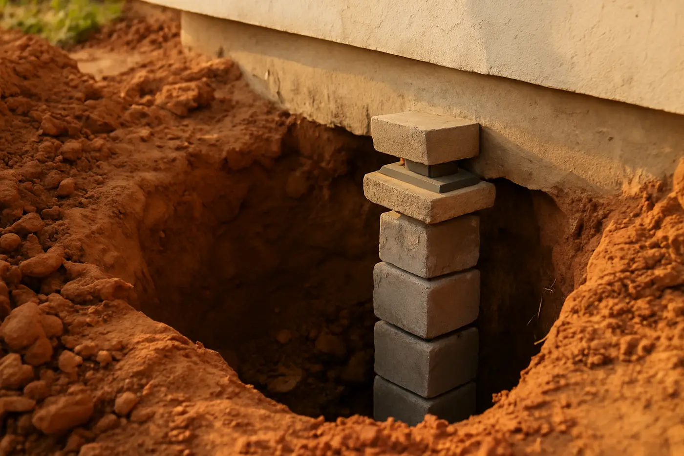 Concrete pilings stacked in an excavated hole beside a settled slab foundation in San Antonio