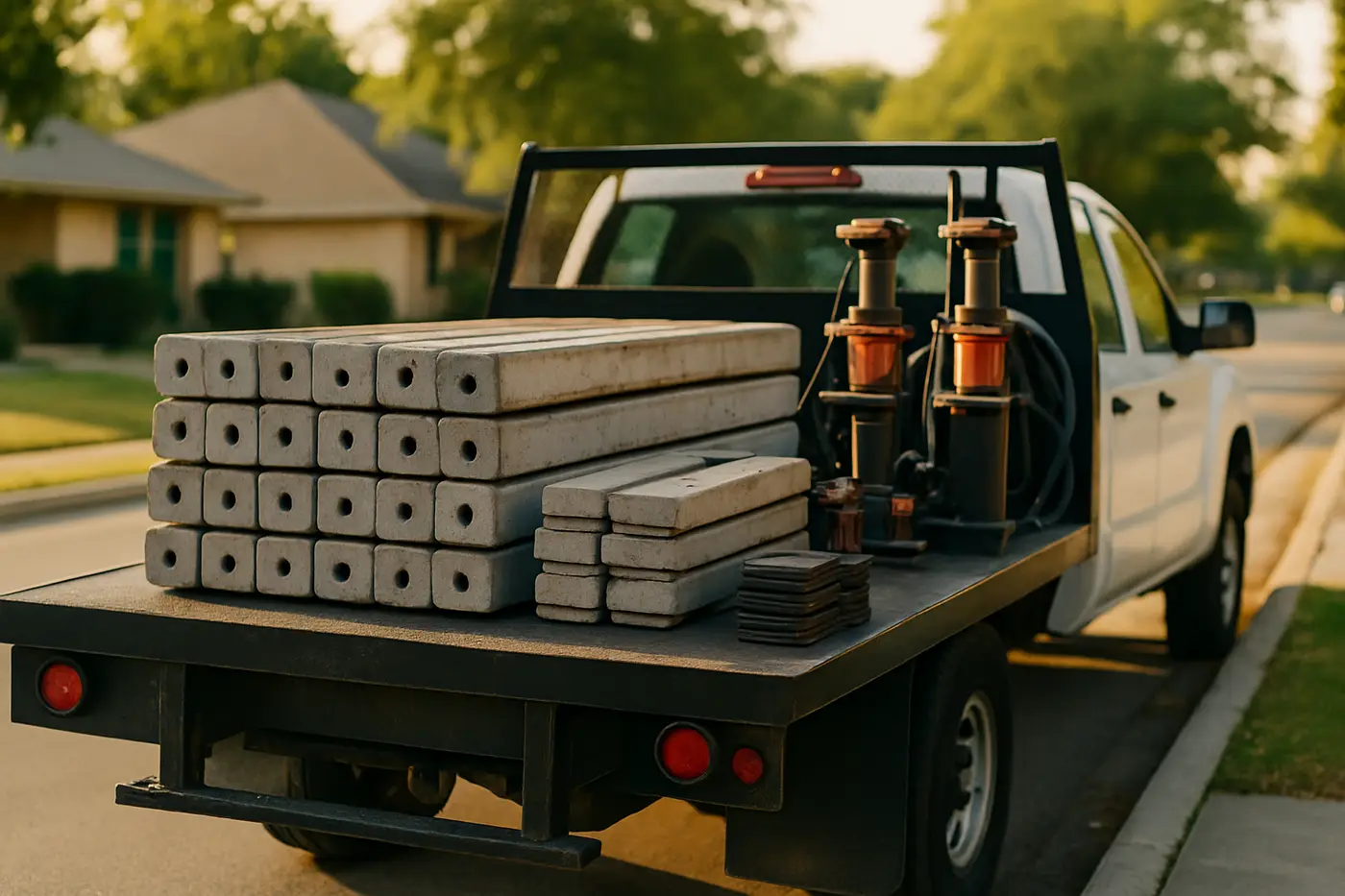 Foundation crew truck loaded with precast concrete pilings and hydraulic jacks