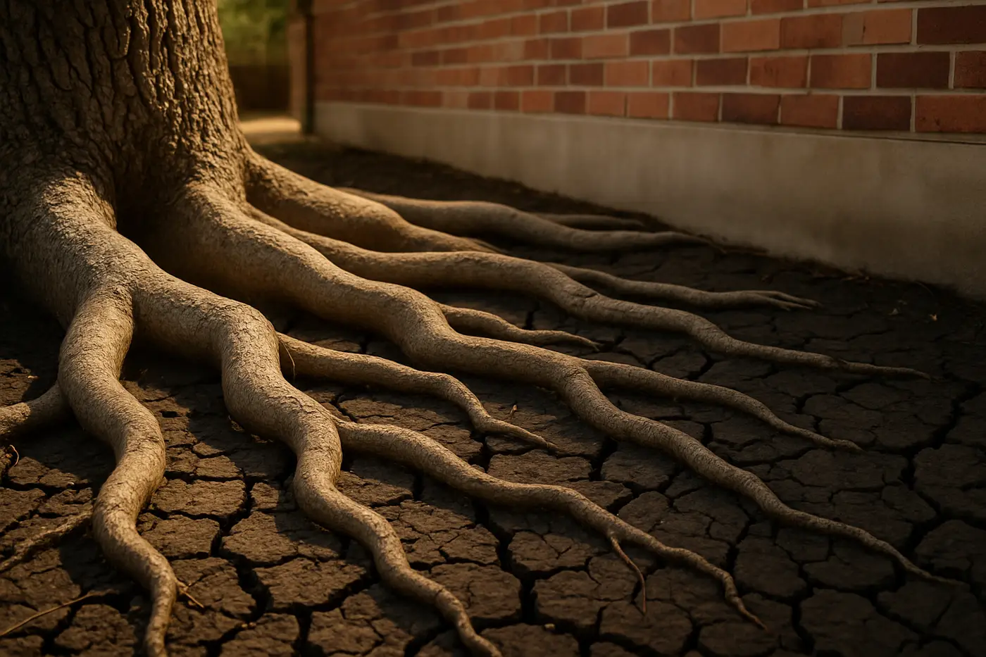 Live oak roots and cracked expansive clay beside a house foundation in San Antonio